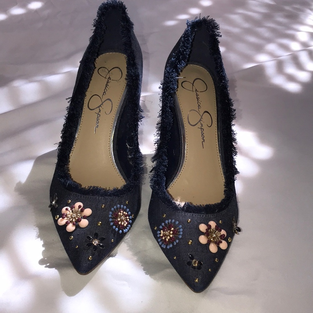 Floral denim pumps